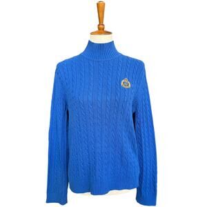 Vintage Ralph Lauren Cobalt Cable Knit Turtleneck Embroidered Logo Fisherman
